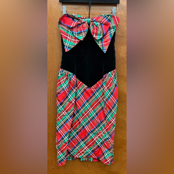 Leslie Lucks Dresses & Skirts - Vintage Leslie Lucks Holiday Tartan Plaid Bow Velvet Drop Waist Strapless Dress